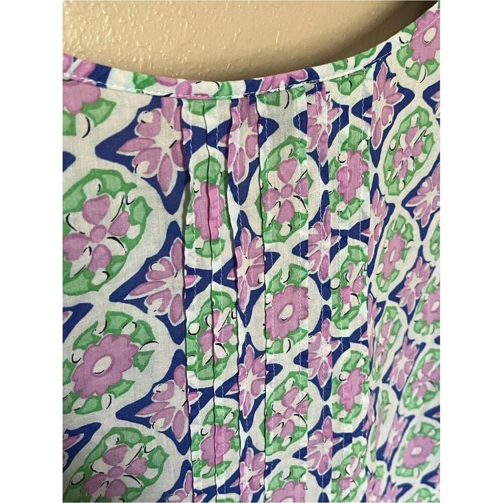 Talbots Cotton Purple/Green Floral Split Neck Pin-Tuck Top Shirt Blouse Size L